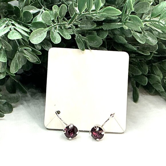 Silver-Tone  Leverback Earrings With Purple Gemstone Round Cut - Picture 5 of 6